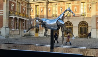 Das Metall-Pferd Zeus "galoppierte" bei der Eröffnungszeremonie der olympischen Spiele in Paris über das Wasser der Seine und steht nun in Versailles. (Foto: Rau)