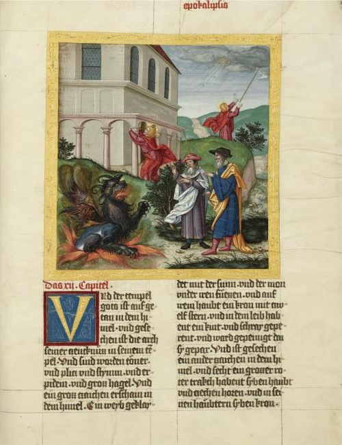 Matthias Gerung (1500-1570), Illustration der Apokalypse. Blatt 294 recto der Ottheinrich-Bibel, einer der kostbarsten Bilderhandschriften der Welt.